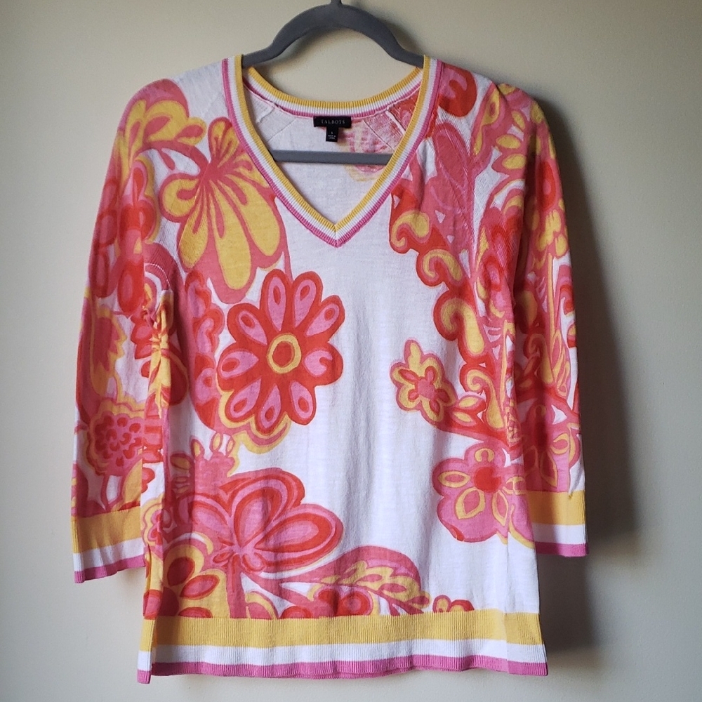 Talbots Pink Orange Yellow White Lightweight Knit Groovy V-neck Sweater